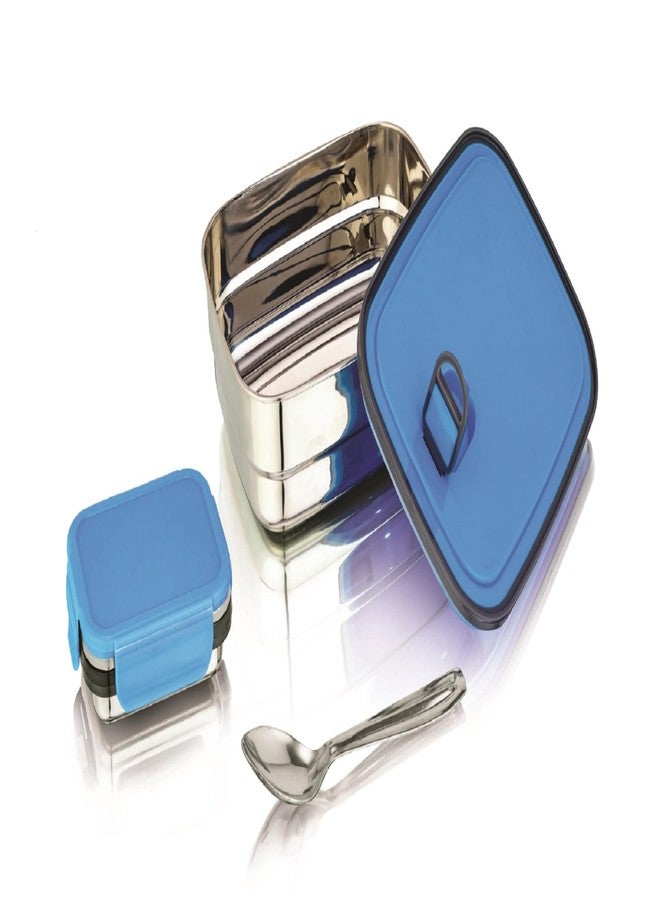 Nabhya Brazil Big Stainless Steel Tiffin Box for Kids, Airtight Leak Proof Lunch Box with Mini Katori Inside with Spoon | Meal Lunch Box for School, Boys & Girls-1220ml (Big, Blue) - Image 1